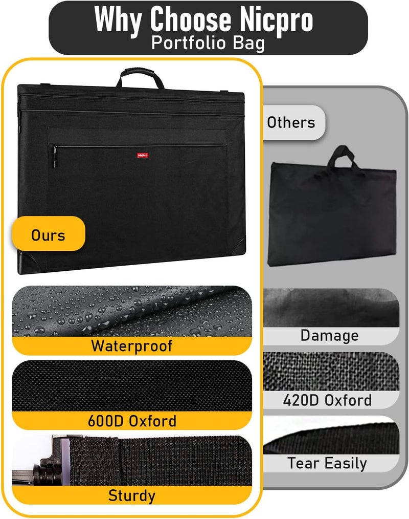 Nicpro حقيبة محفظة فنية خفيفة الوزن، 20x26 حقيبة محفظة قماشية سوداء مع حزام كتف قابل للفصل، زوايا جلدية، حقيبة تخزين لحمل الأعمال الفنية، الملصقات، الرسم، والتخطيط - Image 5